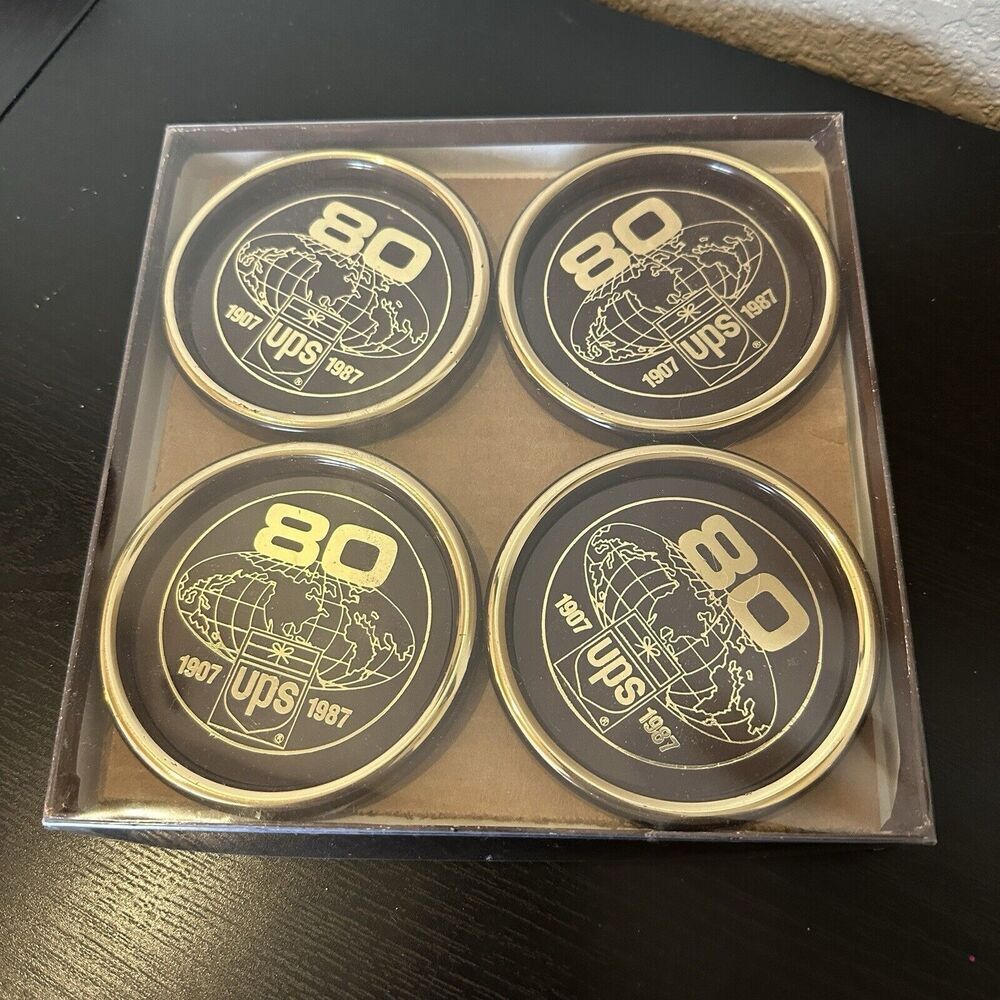 UPS 80th Anniversary Coaster Set (1987, 4‎ Pieces) Plastic: 4" Round  Vintage